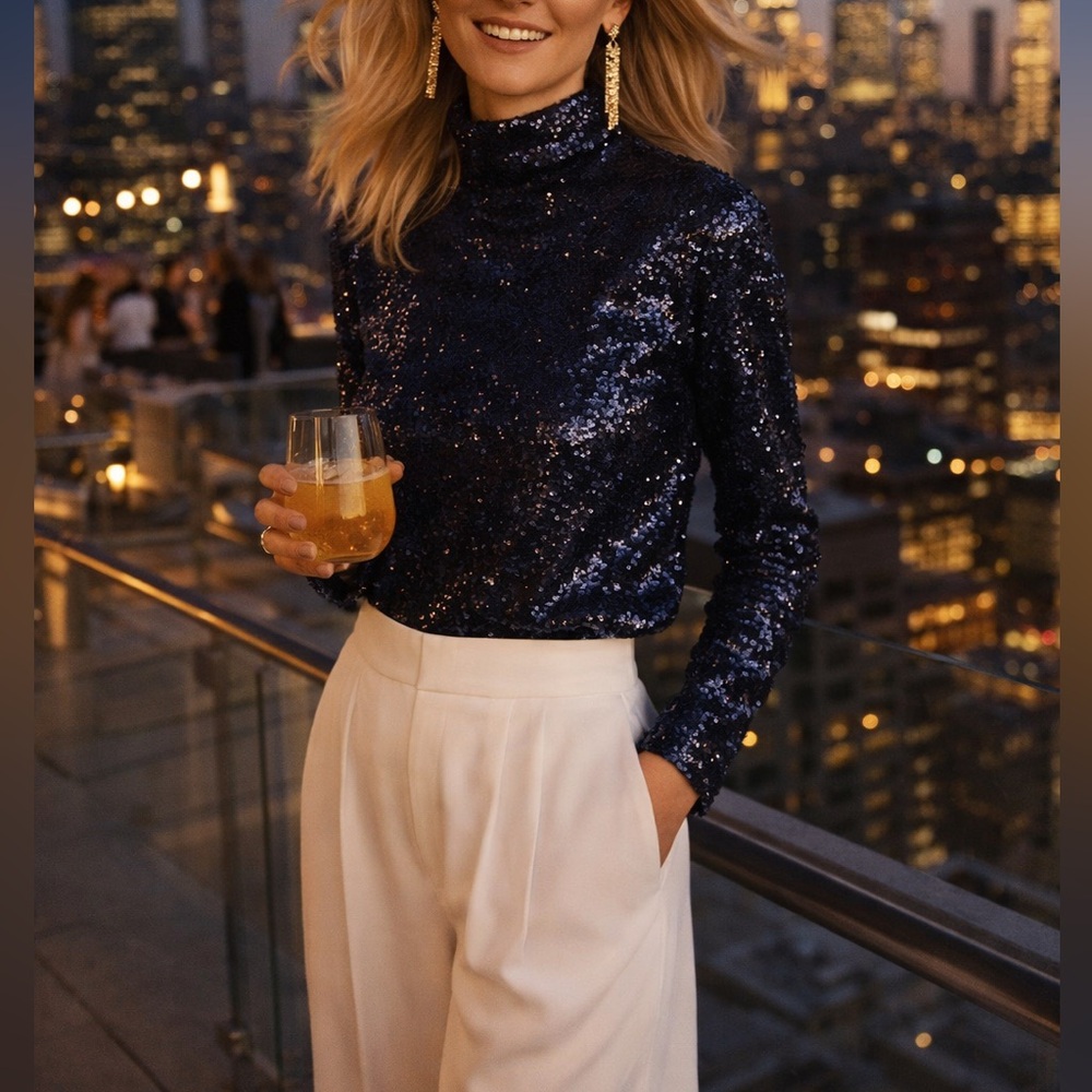 H&M Midnight Blue Navy Sequin Top Turtle Neck, size M